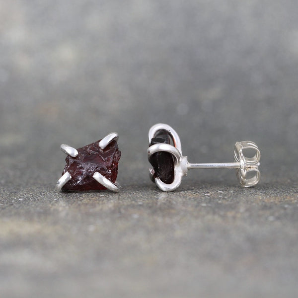 January Birthstone Garnet Earrings - Raw Uncut Rough Garnet Gemstone Earrings - Red Rustic Gemstone