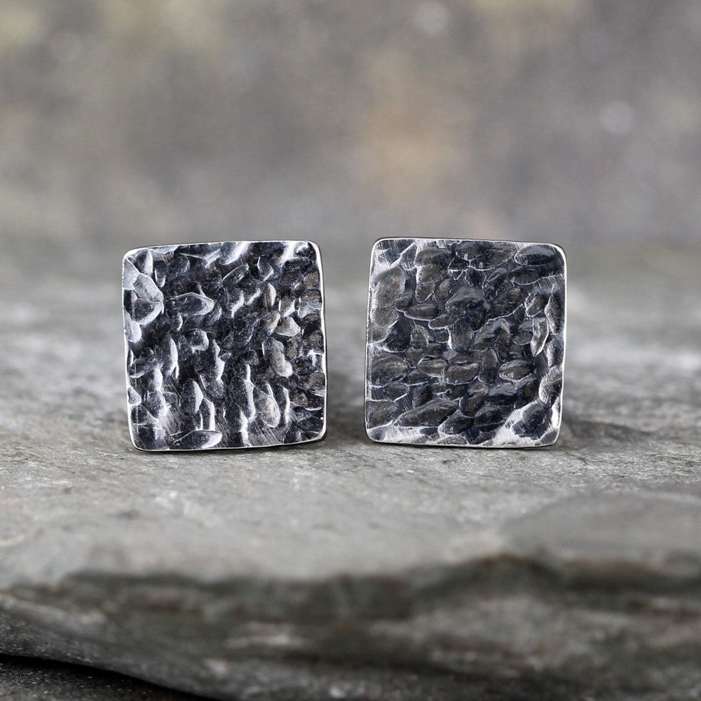 Rustic Square Cufflinks - Sterling Silver - Hammered Texture - Oxidized Finish
