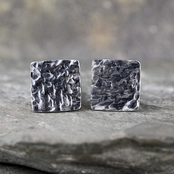 Rustic Square Cufflinks - Sterling Silver - Hammered Texture - Oxidized Finish
