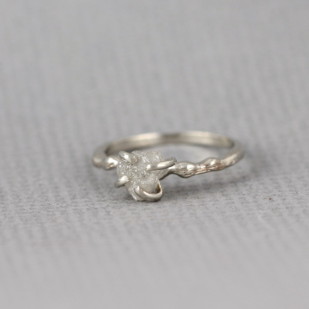 White Gold Raw Diamond Twig Branch Style Ring - 14K White Gold - Uncut Rough Diamond Ring