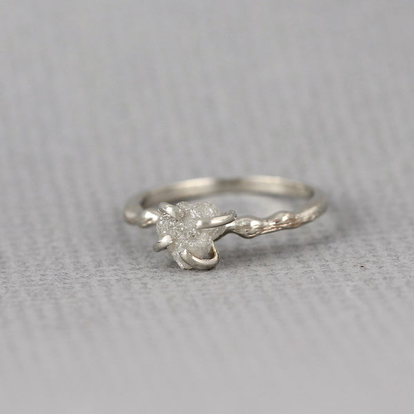 White Gold Raw Diamond Twig Branch Style Ring - 14K White Gold - Uncut Rough Diamond Ring