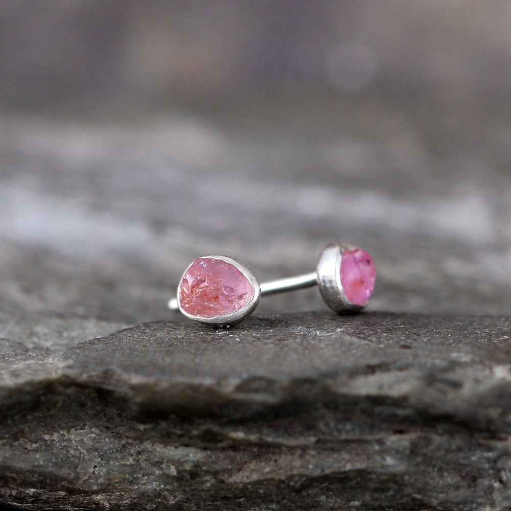 Montana Sapphire Earrings - Pink Raw Uncut Rough Montana Sapphire Stud Earring