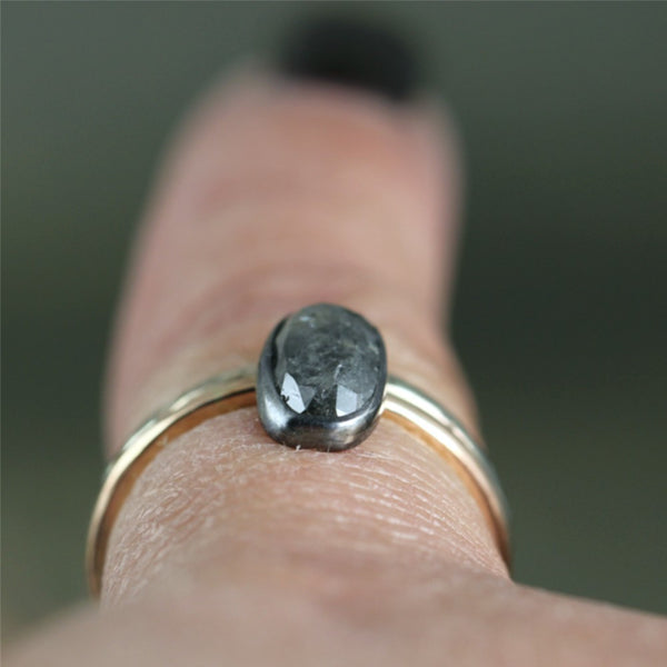 Black Rose Cut Diamond Ring - 14K Pink & White Gold - Bezel Set in Sterling Silver