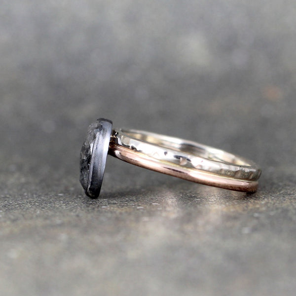 Black Rose Cut Diamond Ring - 14K Pink & White Gold - Bezel Set in Sterling Silver
