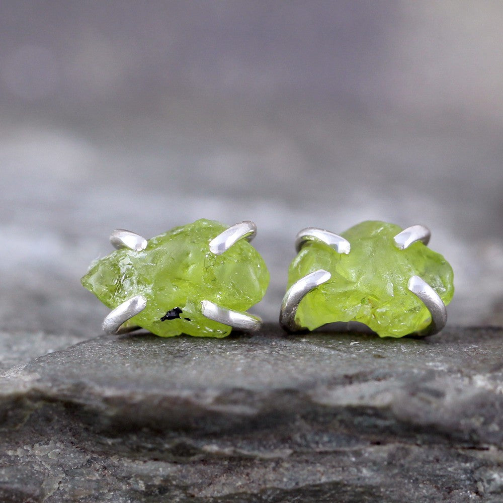 Peridot Earrings - Raw Uncut Rough Peridot Gemstone Earrings - Rustic Gemstone