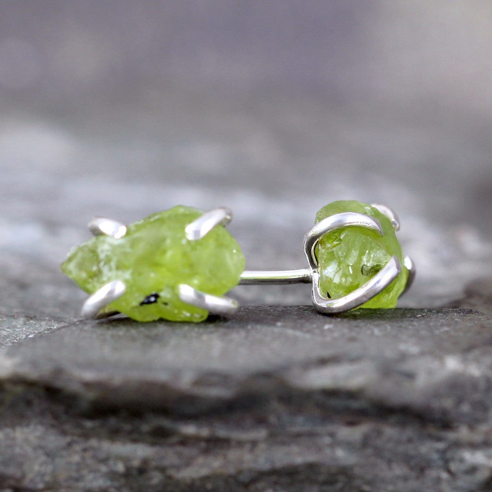 Peridot Earrings - Raw Uncut Rough Peridot Gemstone Earrings - Rustic Gemstone