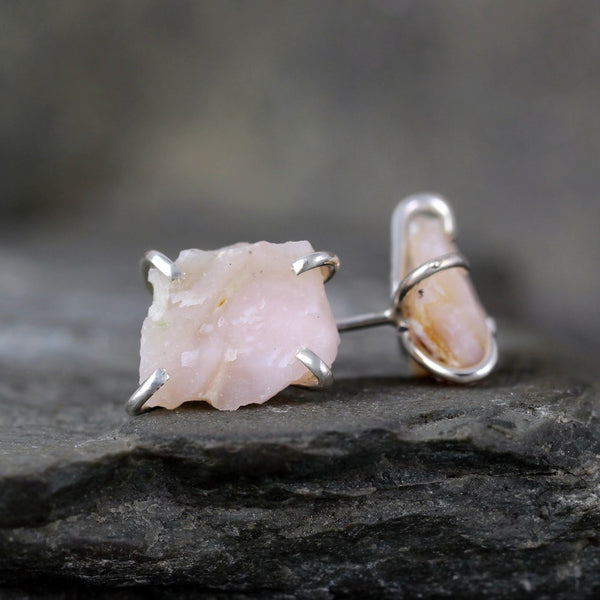Rough Uncut Pink Opal Earrings - Uncut Raw Pink Opal Gemstone Earrings