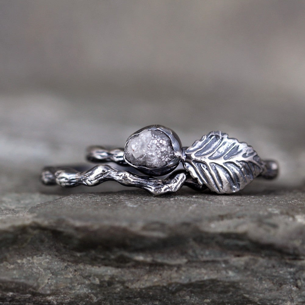 Twig & Leaf Raw Diamond Engagement Ring Set - Nature Inspired