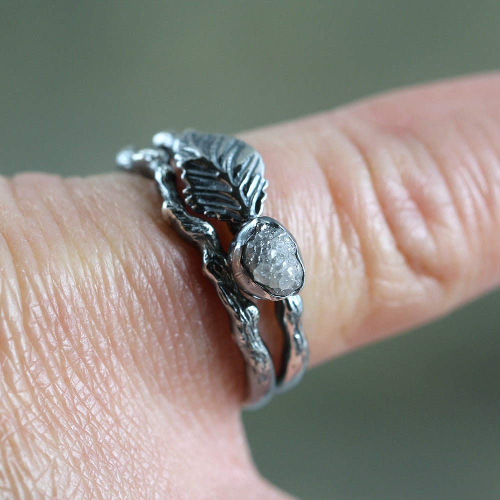 Twig & Leaf Raw Diamond Engagement Ring Set - Nature Inspired