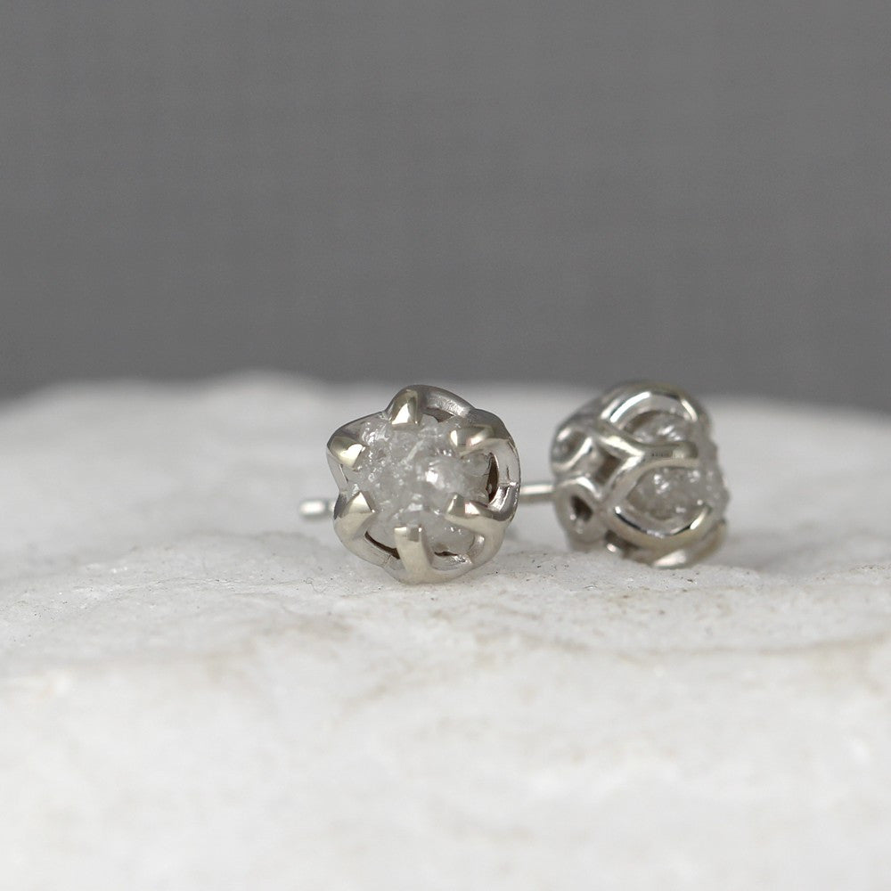 White Gold Raw Diamond Earrings - 2 Carat Total Weight - 14K White Gold Basket Weave Stud Earring