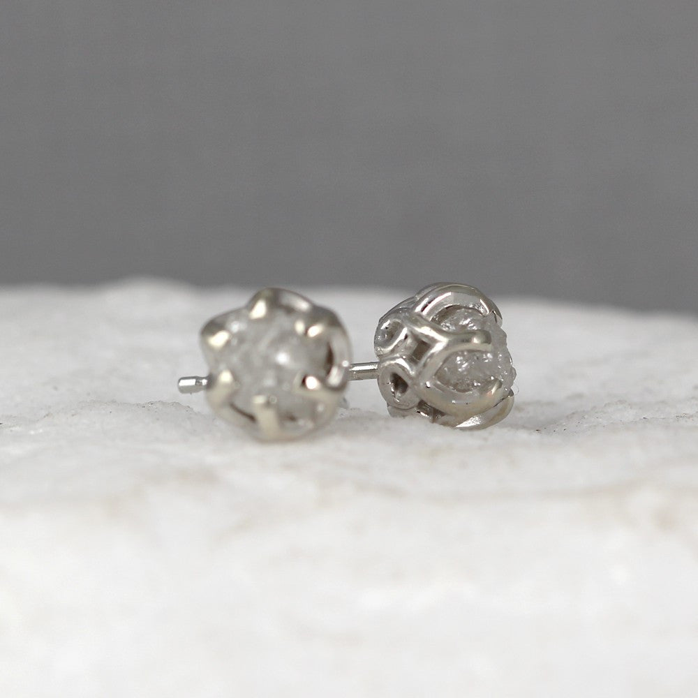 White Gold Raw Diamond Earrings - 2 Carat Total Weight - 14K White Gold Basket Weave Stud Earring