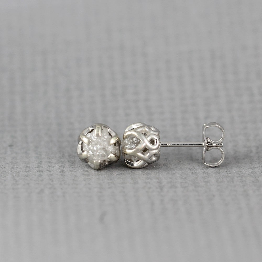 White Gold Raw Diamond Earrings - 2 Carat Total Weight - 14K White Gold Basket Weave Stud Earring