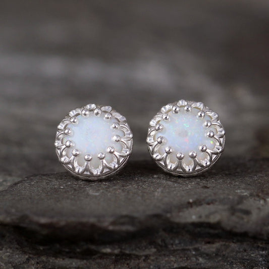 Opal Earrings - Crown Setting - Sterling Silver