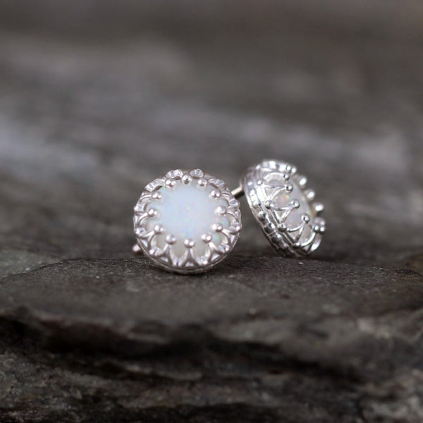 Opal Earrings - Crown Setting - Sterling Silver