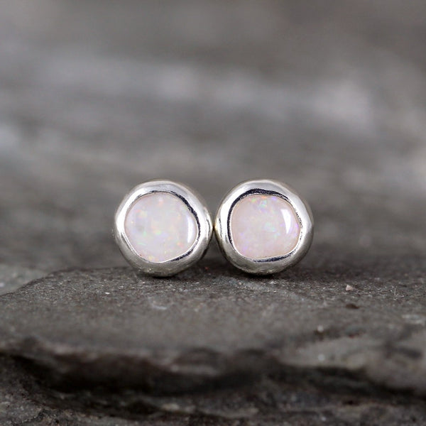 Genuine Opal Earrings - Sterling Silver Bezel Set Stud Earrings - October Birthstone