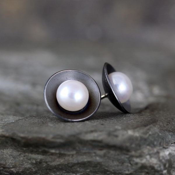 Pearl Earrings - Modern Design - White Fresh Water Pearls - Oxidized Sterling Silver