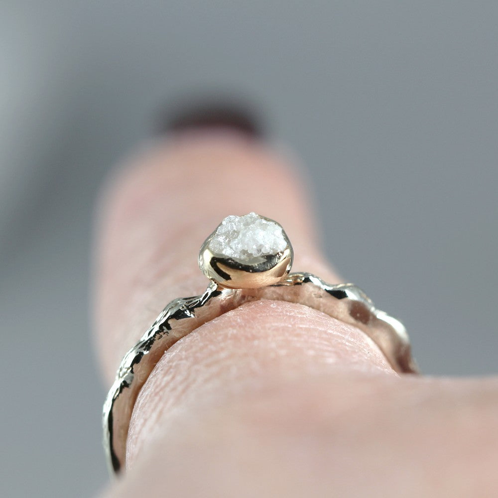 Raw Diamond Twig Branch Style Ring - 14K White & Yellow Gold - Uncut Rough Diamond Ring