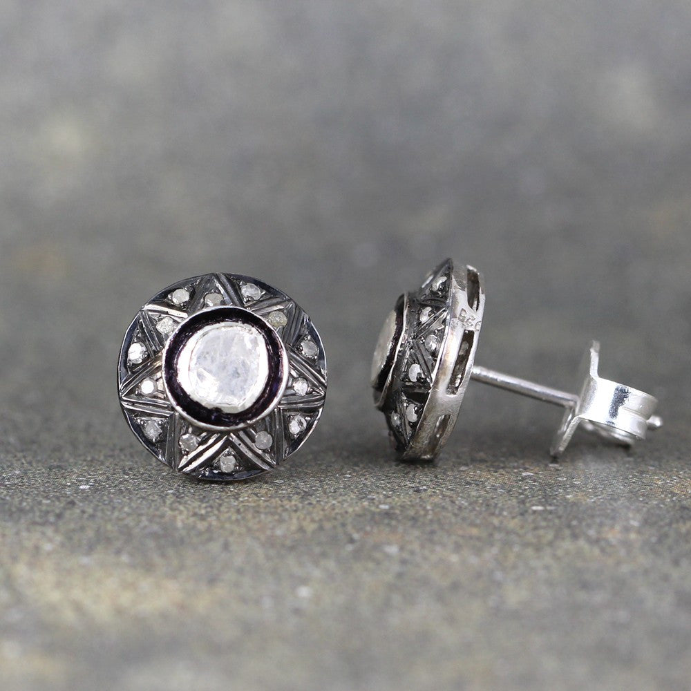Diamond Slice Earrings - Modern Diamond Cluster Earring - Aged Patina Sterling Silver