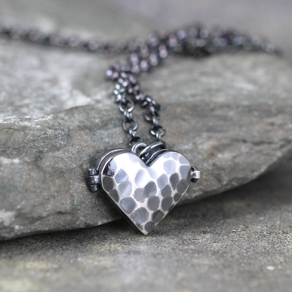 Heart Shape Locket - Rustic Hammer Texture Keepsake Pendant - Hidden Treasures Necklace