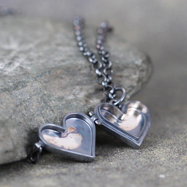 Heart Shape Locket - Rustic Hammer Texture Keepsake Pendant - Hidden Treasures Necklace