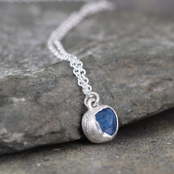 Neon Blue Apatite Necklace - Rustic Uncut Raw Blue Gemstone
