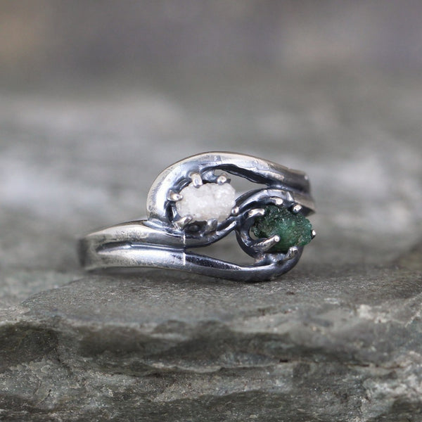 Raw Emerald & Diamond Engagement Ring & Wedding Band