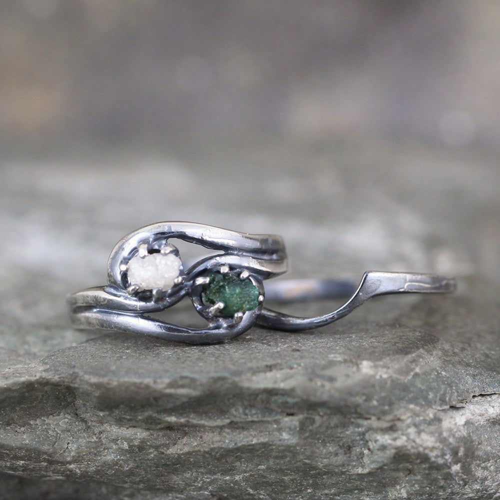 Raw Emerald & Diamond Engagement Ring & Wedding Band