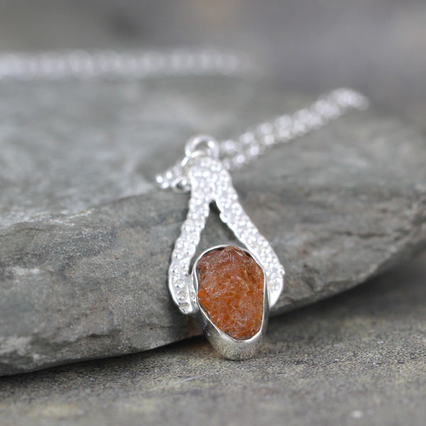 Fire Opal Pendant - Rough Uncut Raw Gemstone - Rustic Jewellery