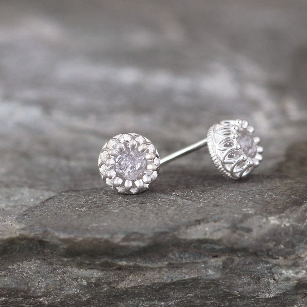 Uncut Diamond Earrings in Sterling Silver Crown Setting