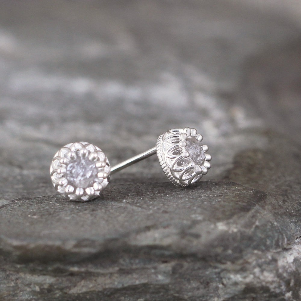 Uncut Diamond Earrings in Sterling Silver Crown Setting