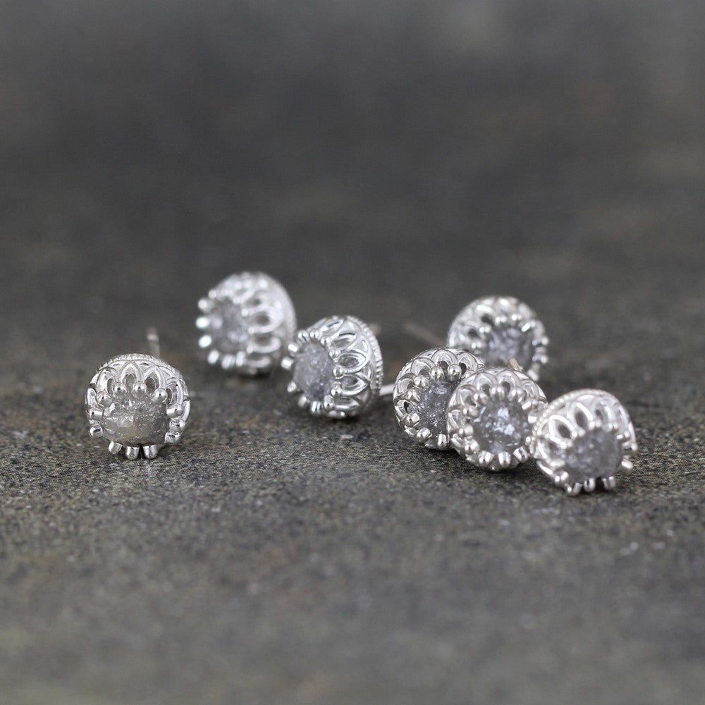 Uncut Diamond Earrings in Sterling Silver Crown Setting