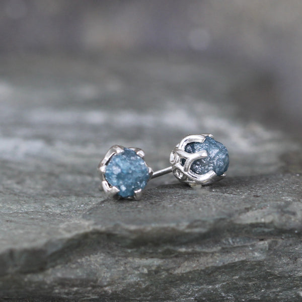Raw Blue Diamond Earrings - Something Blue - Sterling Silver Vintage Style Stud Earrings Made in Canada