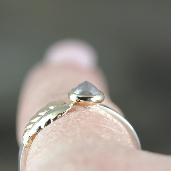 Salt and Pepper Rose Cut Diamond Ring with Leaf Design
