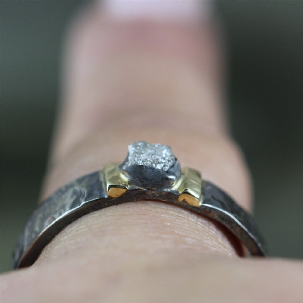 Raw Diamond Ring - Black Sterling Silver and 14K Yellow Gold