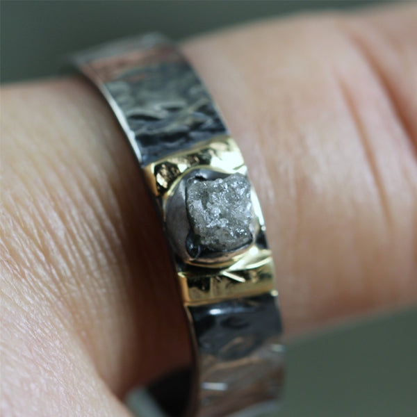 Raw Diamond Ring - Black Sterling Silver and 14K Yellow Gold