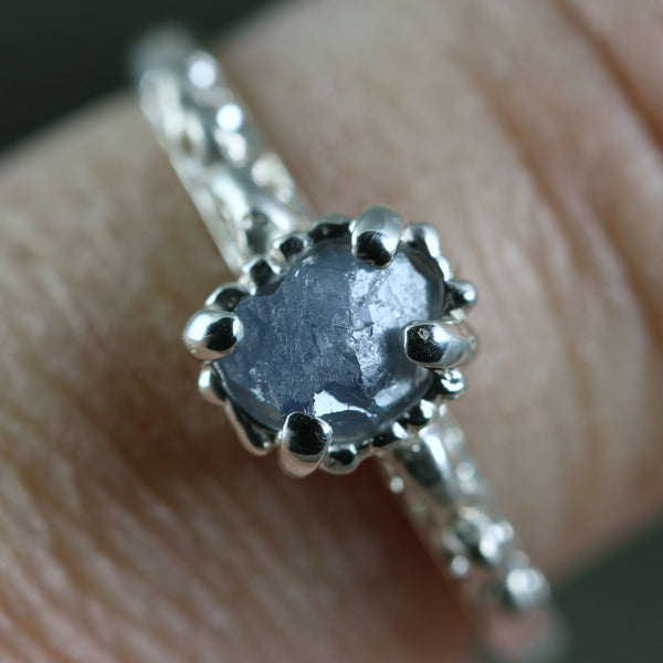 Uncut Blue Sapphire Ring - Antique Filigree Design - Sterling Silver