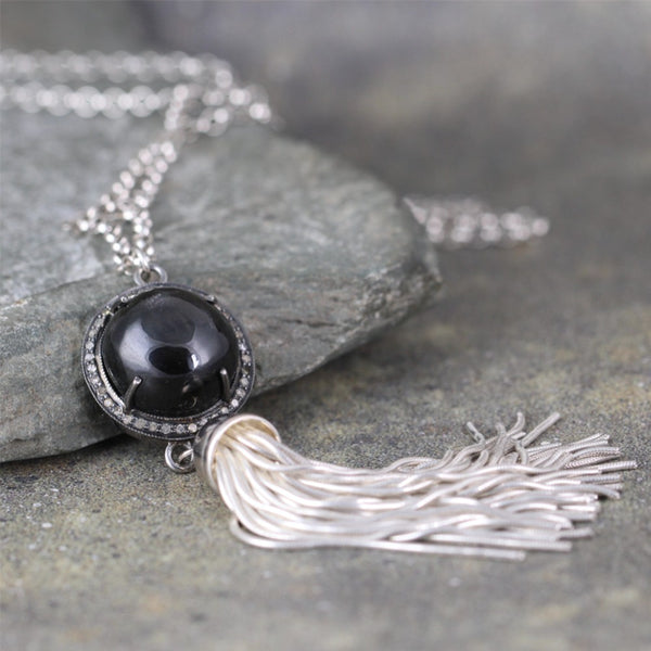 Black Sapphire and Raw Diamond Tassel Necklace - Sterling Silver - Boho Style
