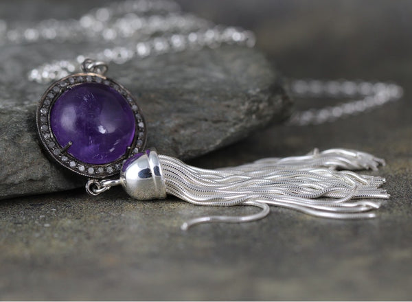 Amethyst and Raw Diamond Tassel Necklace - Sterling Silver - Purple Gemstone Jewellery