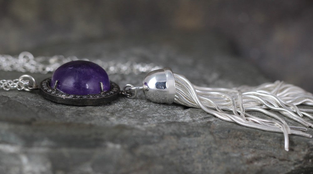 Amethyst and Raw Diamond Tassel Necklace - Sterling Silver - Purple Gemstone Jewellery
