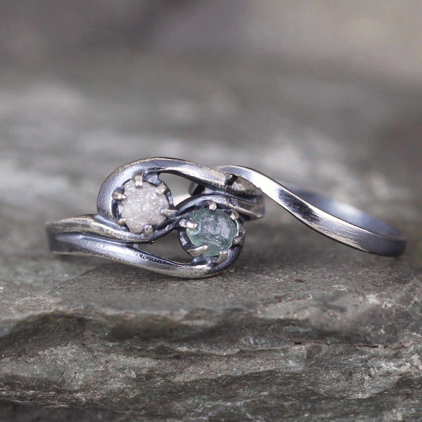 Montana Sapphire and Rough Diamond 2 Stone Ring