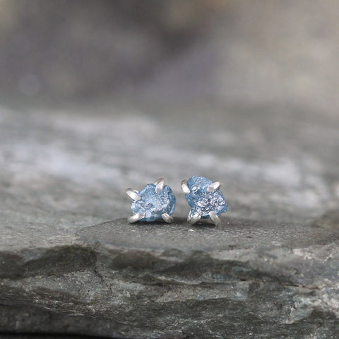 Uncut Blue Diamond Earrings - Sterling Silver Handmade Stud Earring - Rough Raw Uncut Diamonds