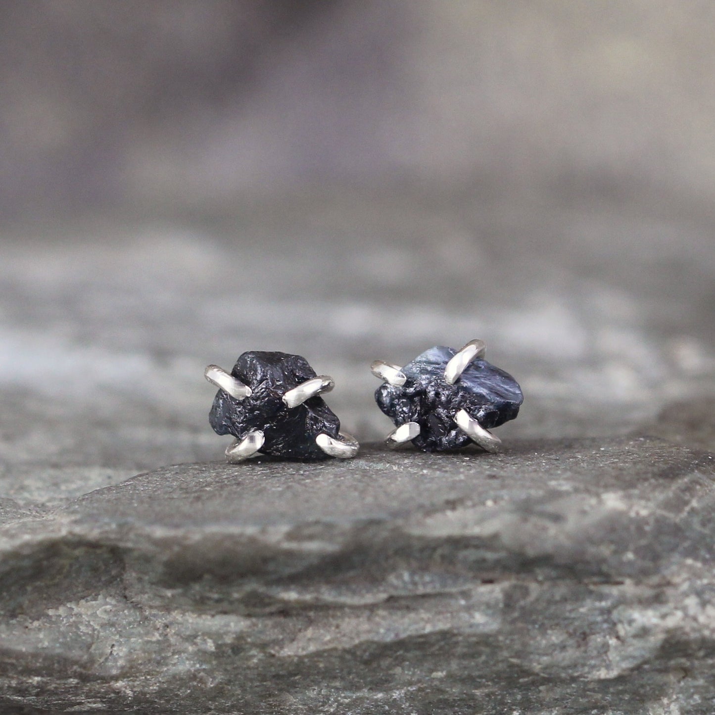 Dark Blue Raw Uncut Rough Sapphire Gemstone Earrings - Blue Rustic Gemstone