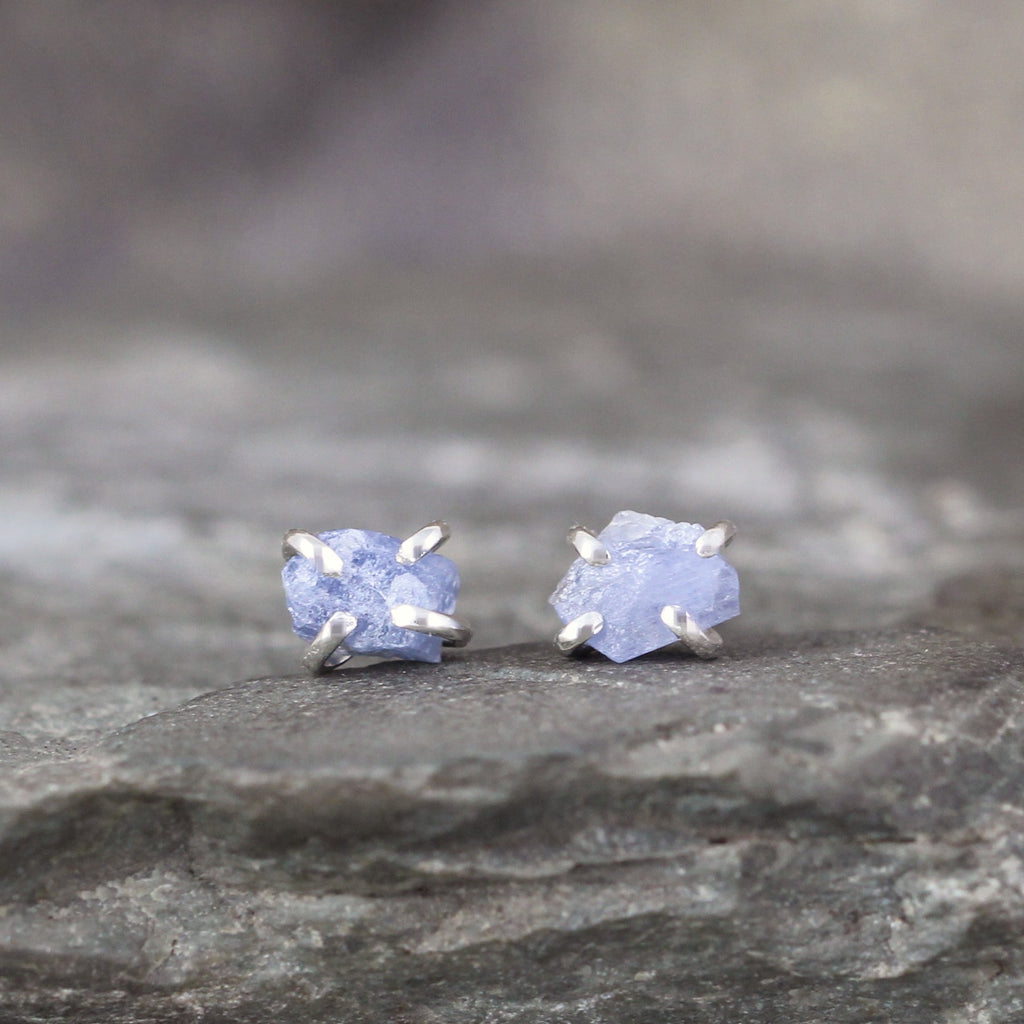 Denim Blue Raw Uncut Rough Sapphire Gemstone Earrings - Blue Rustic Gemstone