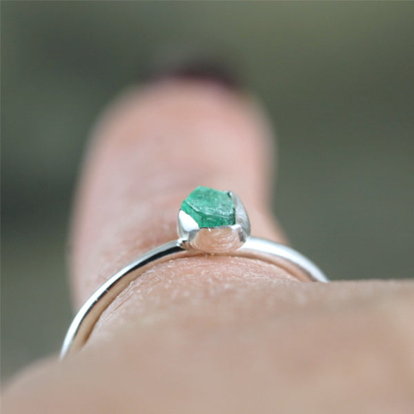 Uncut Emerald Ring - Sterling Silver - Bezel Set Stacking Ring