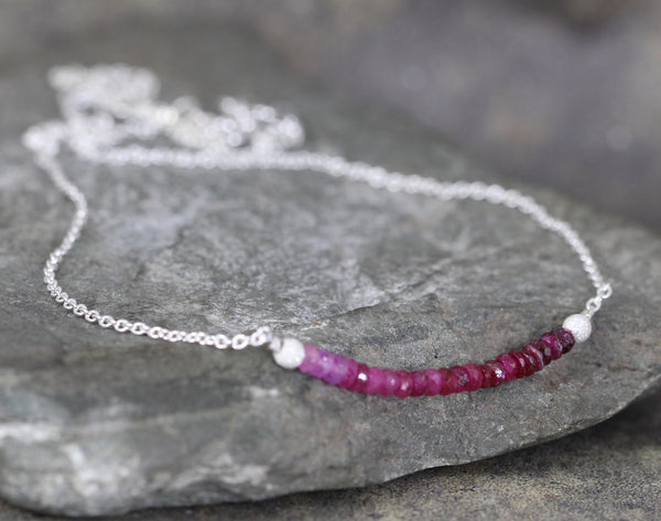 Ombre Ruby Bar Pendant - Ruby Beaded Necklace