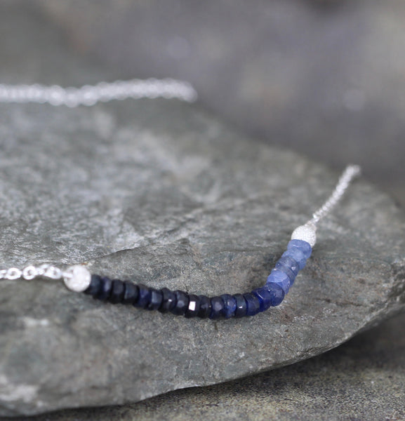 Ombre Sapphire Bar Pendant - Sapphire Beaded Necklace