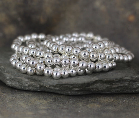 6mm Beaded Bracelet - Shiny Ball Bracelet - Stretchy Bracelet - Stainless Steel Silver Tone