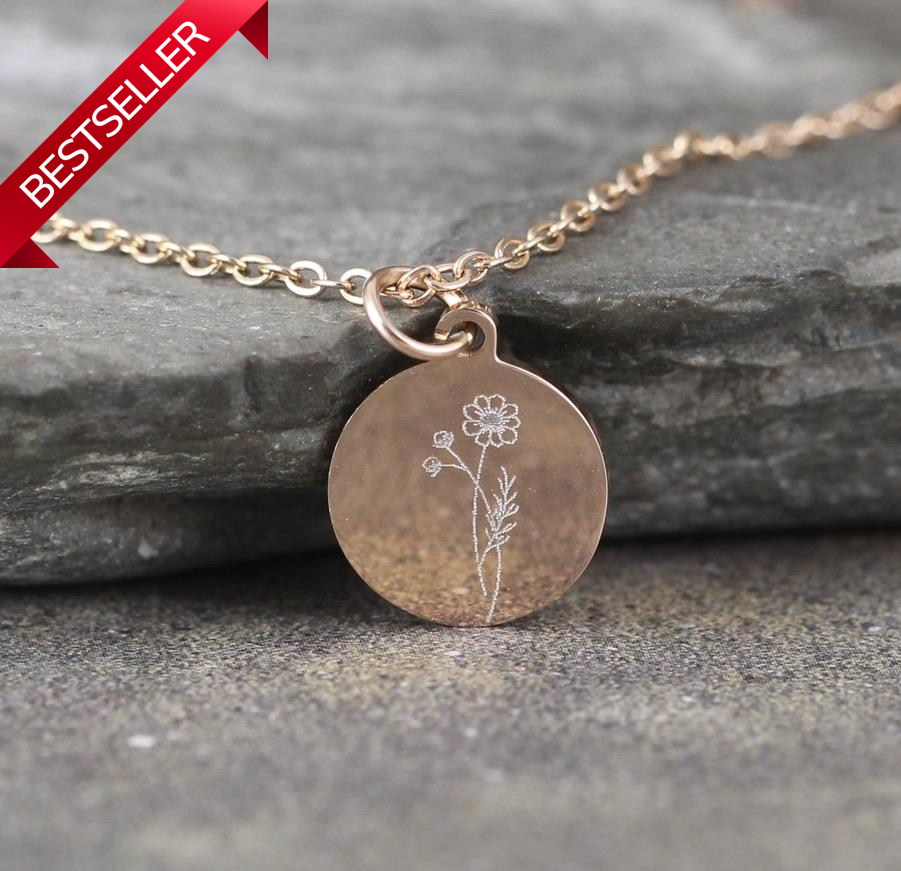 BIRTH MONTH FLOWER Pendant - Engraved - Stainless Steel in Rose, Yellow or White - Personalized Necklace
