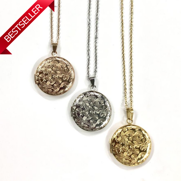 Round Stainless Steel Engraved Locket - Rose, Yellow or Silver - Hinged Locket with Floral Design - Memory Keepers