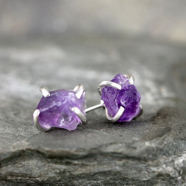 Amethyst Earrings - Raw Uncut Rough Amethyst Gemstone Earrings - Purple Rustic Gemstone